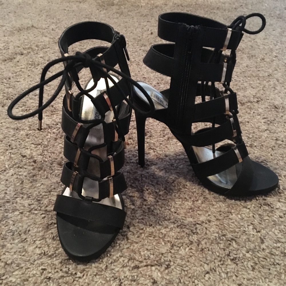 Black and gold lace up heels